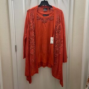 Embroidered Open-Front Orange Cardigan Set